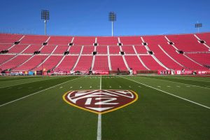 Nov 26, 2022; Los Angeles, California, USA; The Pac-12 Conference logo at United Airlines Field at Los Angeles Memorial Coliseum.