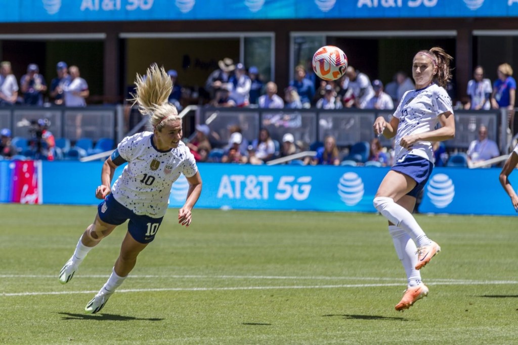 United States of America midfielder Lindsey Horan (10) headed the ball against Wales during the first half at PayPal Park.