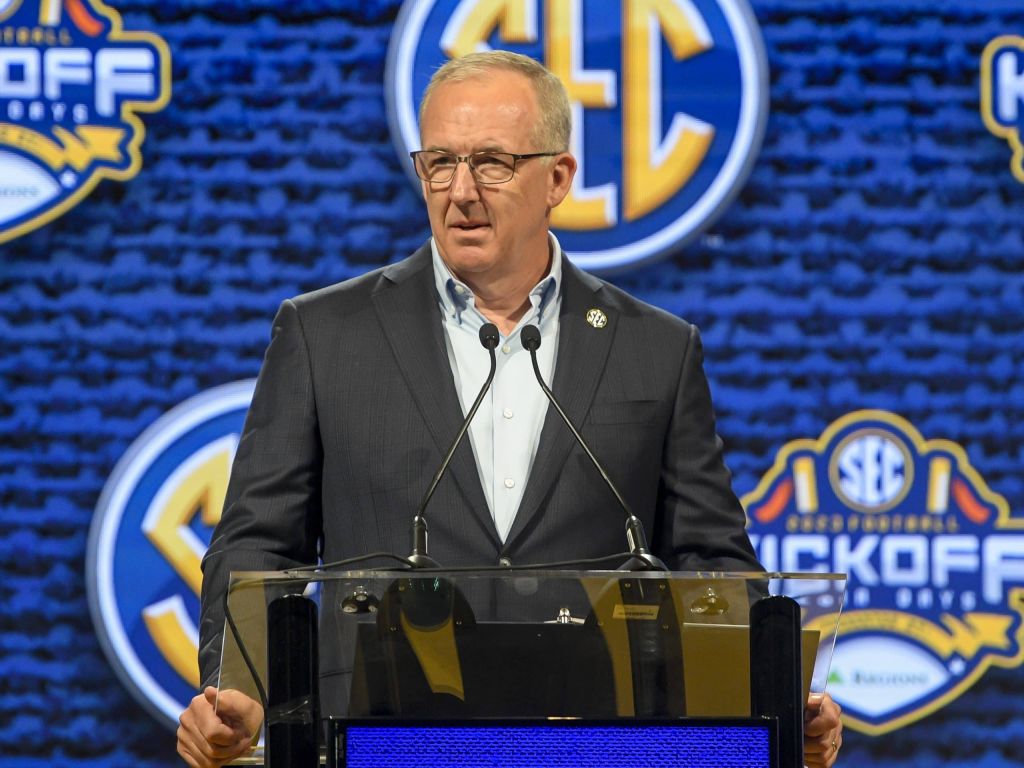 Jul 17, 2023; Nashville, TN, USA; SEC commissioner Greg Sankey talks with the media during SEC Media Days at Grand Hyatt.