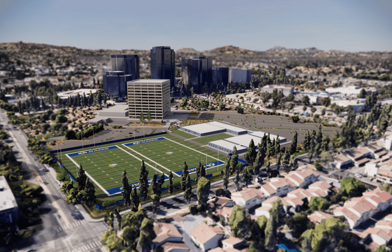 A rendering of the Los Angeles Rams proposed practice facility in Woodland Hills, California.