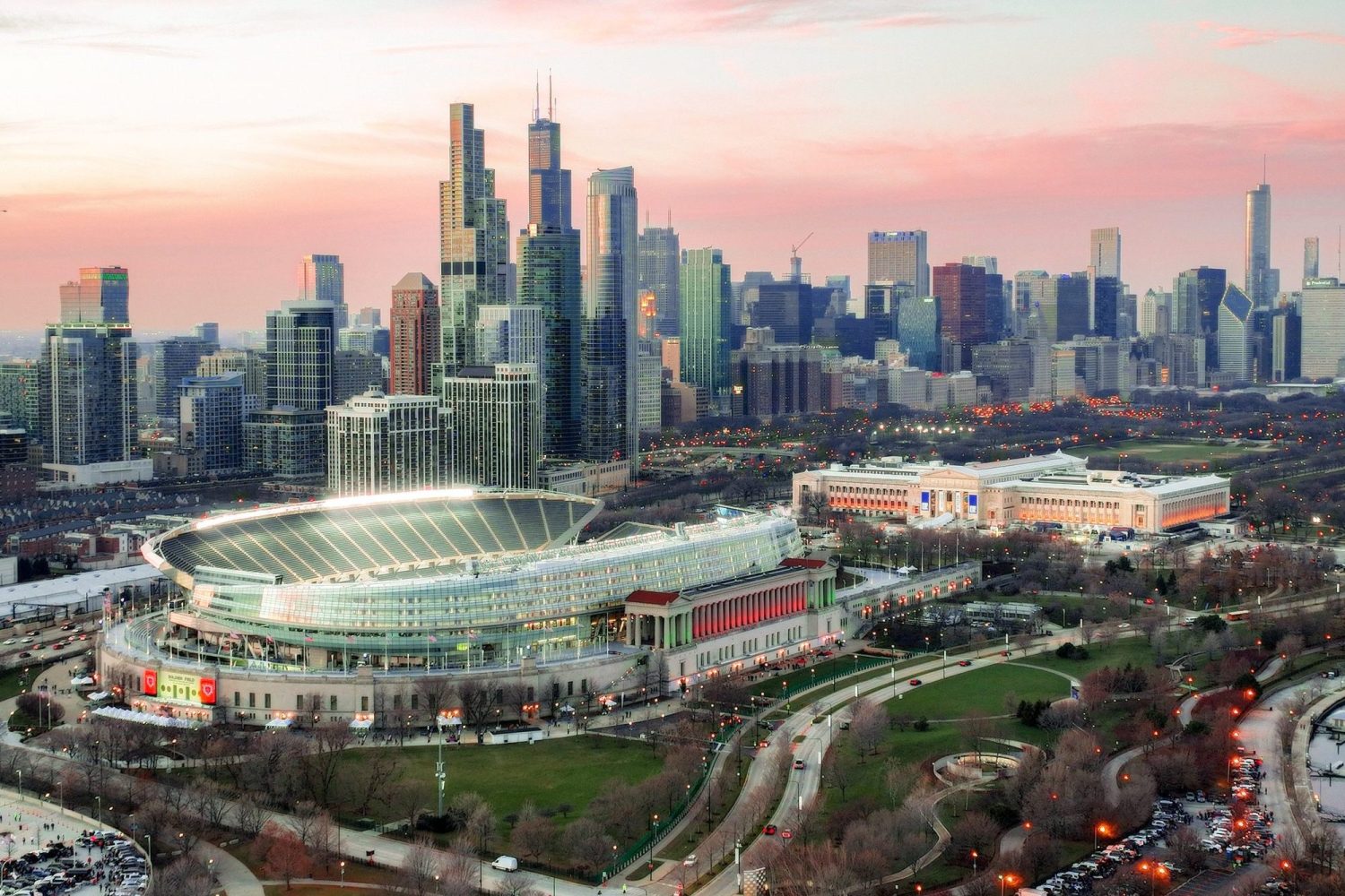 In an aerial view, Soldier Field is seen before a game between the Chicago Bears and the Minnesota Vikings at Soldier Field.