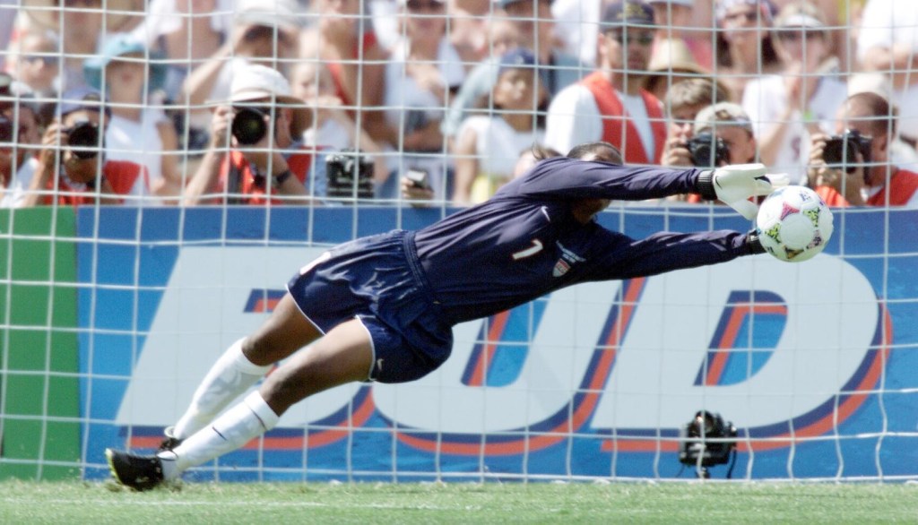 July 10, 1999: Goalkeeper Briana Scurry knocks away a penalty shot by China's Liu Ying preserving helping the USWNT beat China in the Women's World Cup Final at the Rose Bowl. Soccer 1999 Womens World Cup