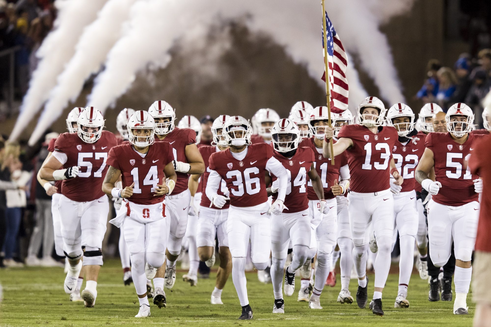 The Stanford Cardinal take the field before the game against the Brigham Young Cougars at Stanford Stadium. Mandatory Credit: