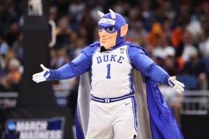 Mar 16, 2023; Orlando, FL, USA; The Duke Blue Devils mascot performs during the second half against the Oral Roberts Golden Eagles at Amway Center.