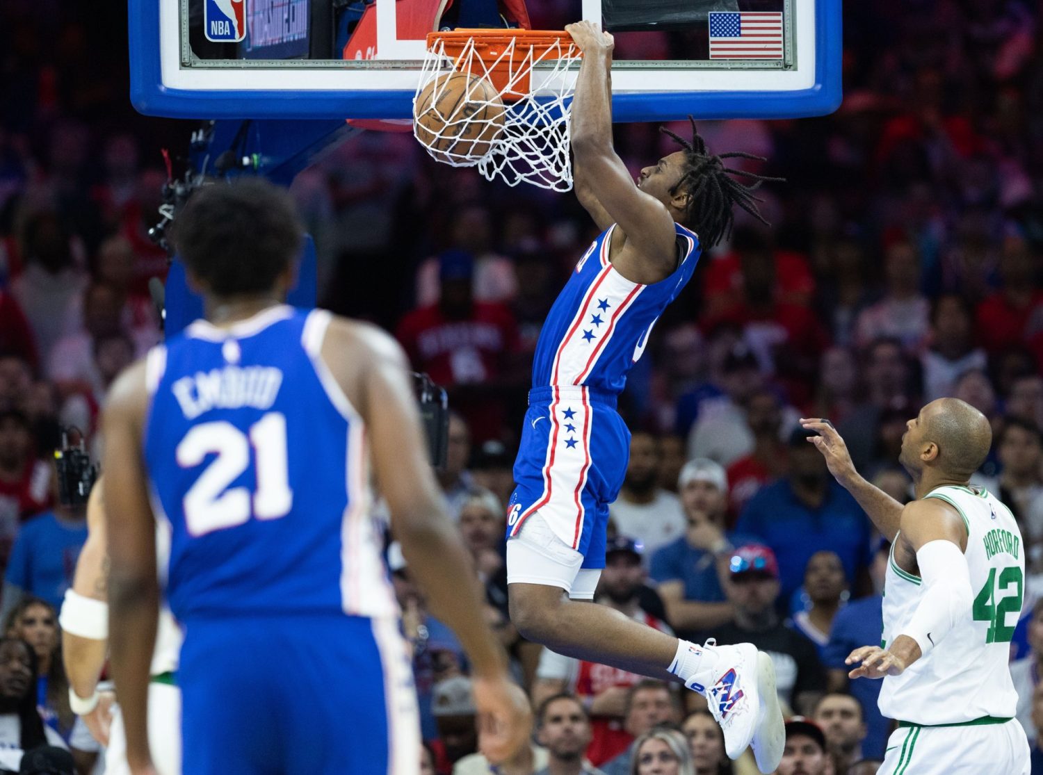 Philadelphia 76ers guard Tyrese Maxey (0) dunks the ball past Boston Celtics center Al Horford (42) during the fourth quarter in game six of the 2023 NBA playoffs at Wells Fargo Center.