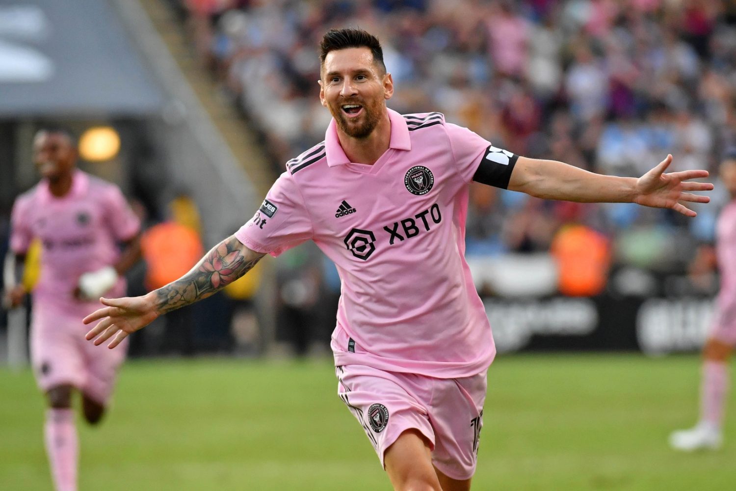 Inter Miami CF forward Lionel Messi celebrates after scoring a goal against the Philadelphia Union during the first half at Subaru Park.