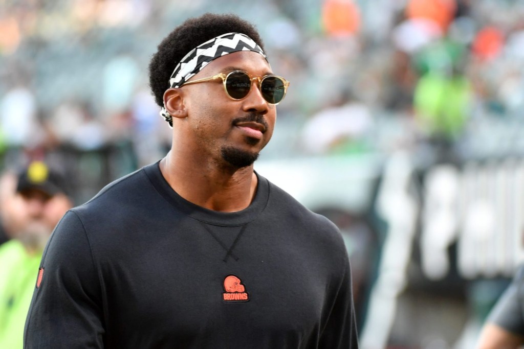 Cleveland Browns defensive end Myles Garrett wearing sunglasses on the sideline during a preseason game against the Philadelphia Eagles at Lincoln Financial Field.