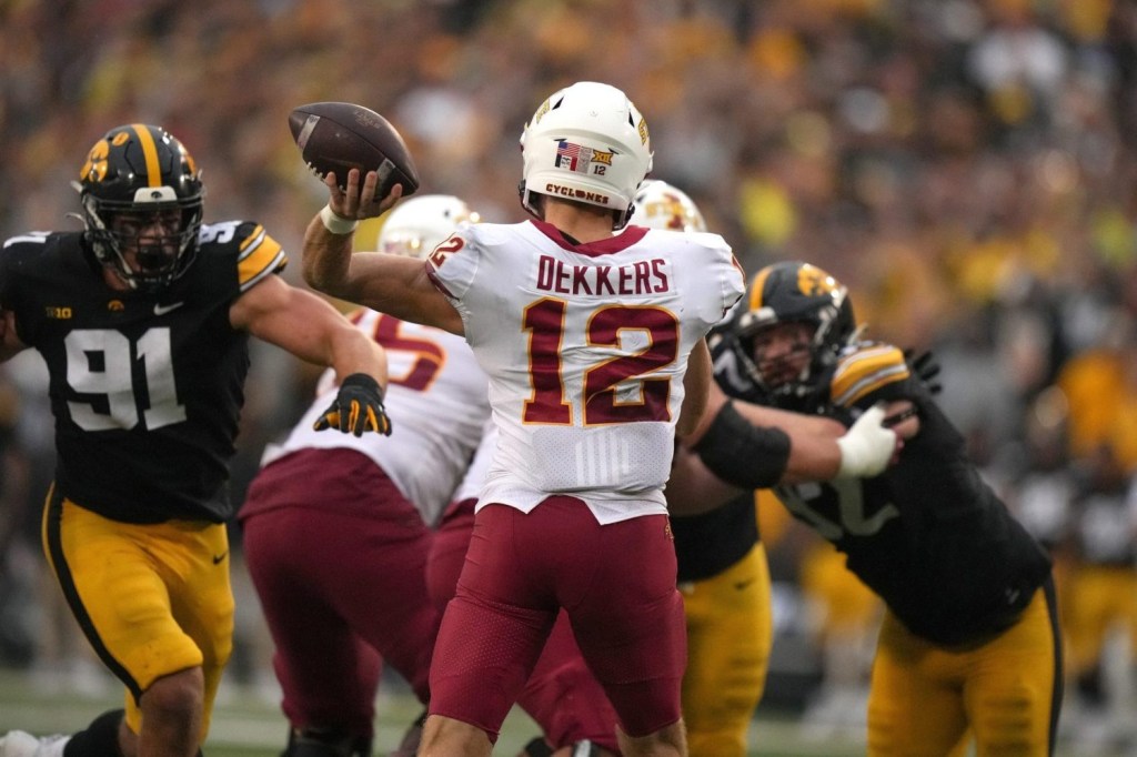 Iowa State quarterback Hunter Dekkers throws the ball during the Cy-Hawk Series football game against Iowa.