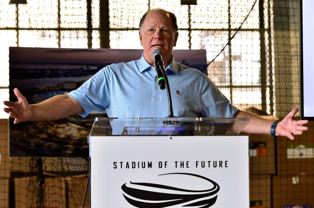 Jacksonville Jaguars Team President Mark Lamping addressed community members at Strings Sports Brewery on Main Street for the first of 14 planned town hall sessions to present the team's plans for the new "stadium of the future" complex and address the public concerns.