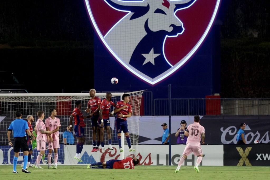 Inter Miami CF forward Lionel Messi scores on a free kick during the second half against FC Dallas at Toyota Stadium.