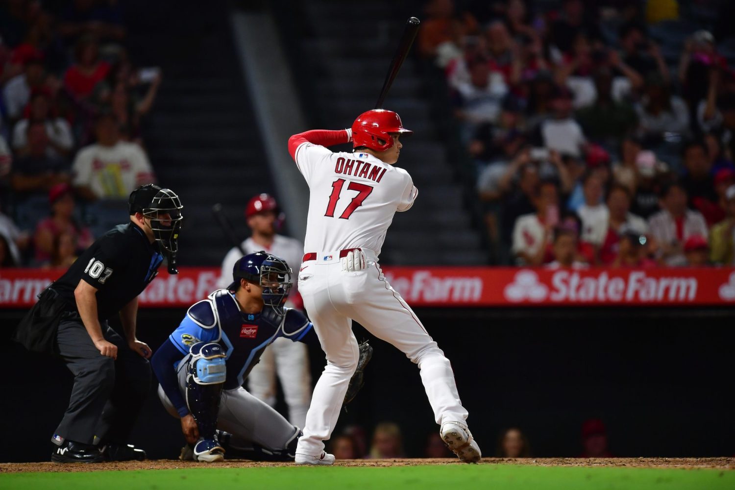 Los Angeles Angels designated hitter Shohei Ohtani hits against the Tampa Bay Rays during the sixth inning at Angel Stadium.