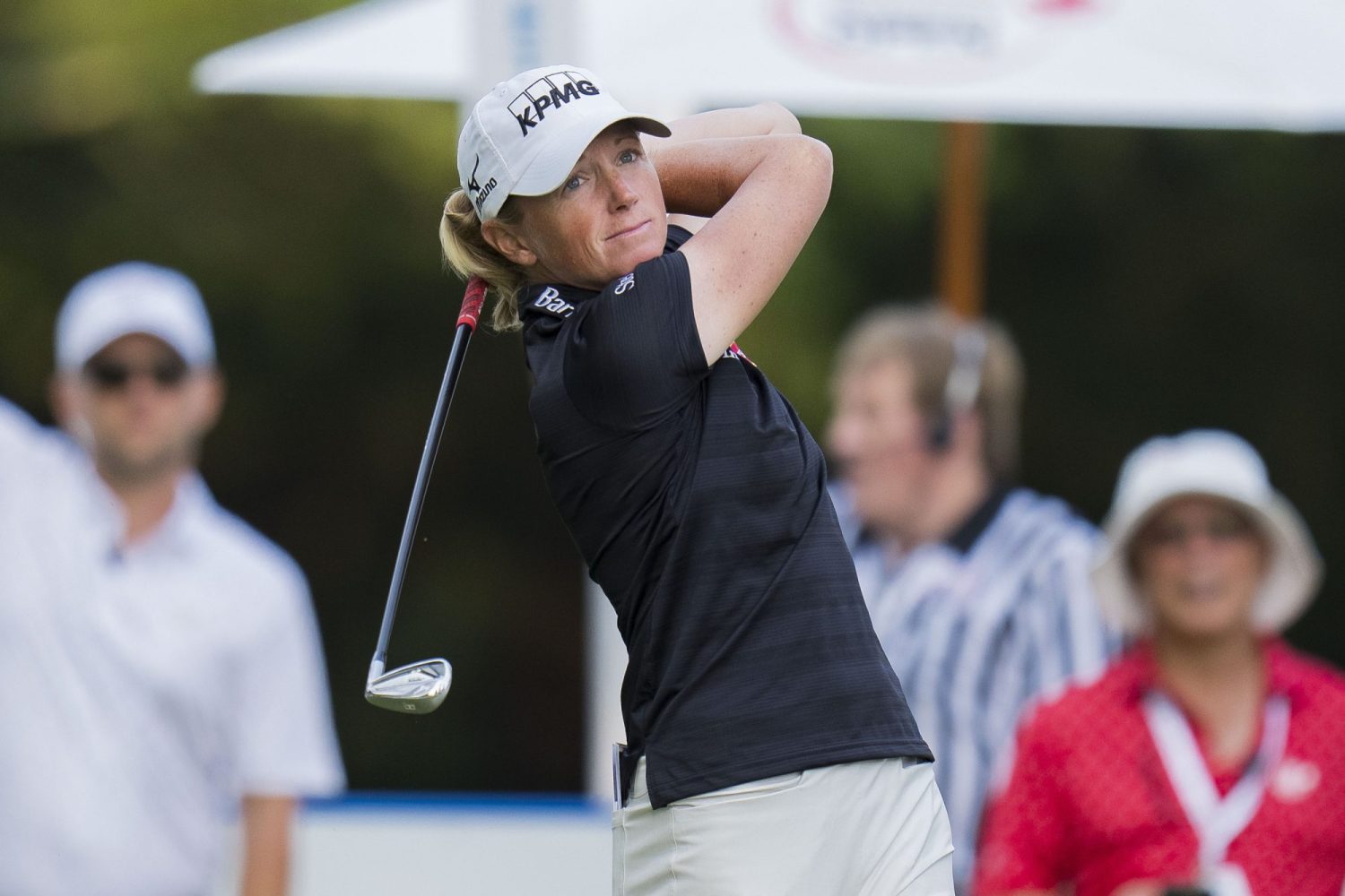 Stacy Lewis tees off on the seventeenth hole during the first round of the CPKC Women's Open golf tournament at Shaughnessy Golf & Country Club.