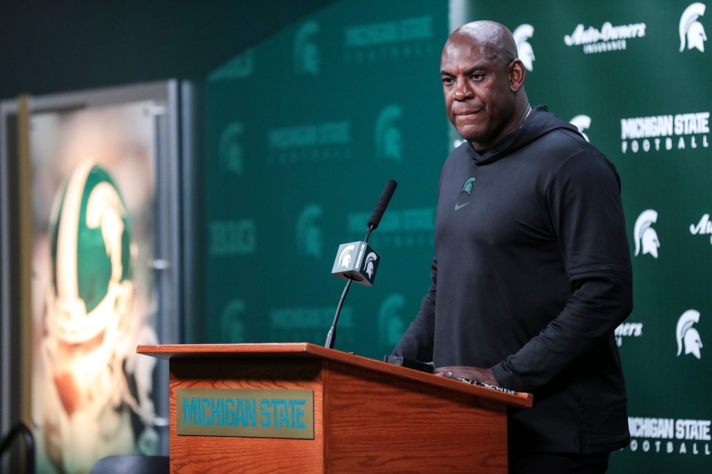 Michigan State head coach Mel Tucker speaks at post game press conference after 31-7 win over Central Michigan at Spartan Stadium in East Lansing.