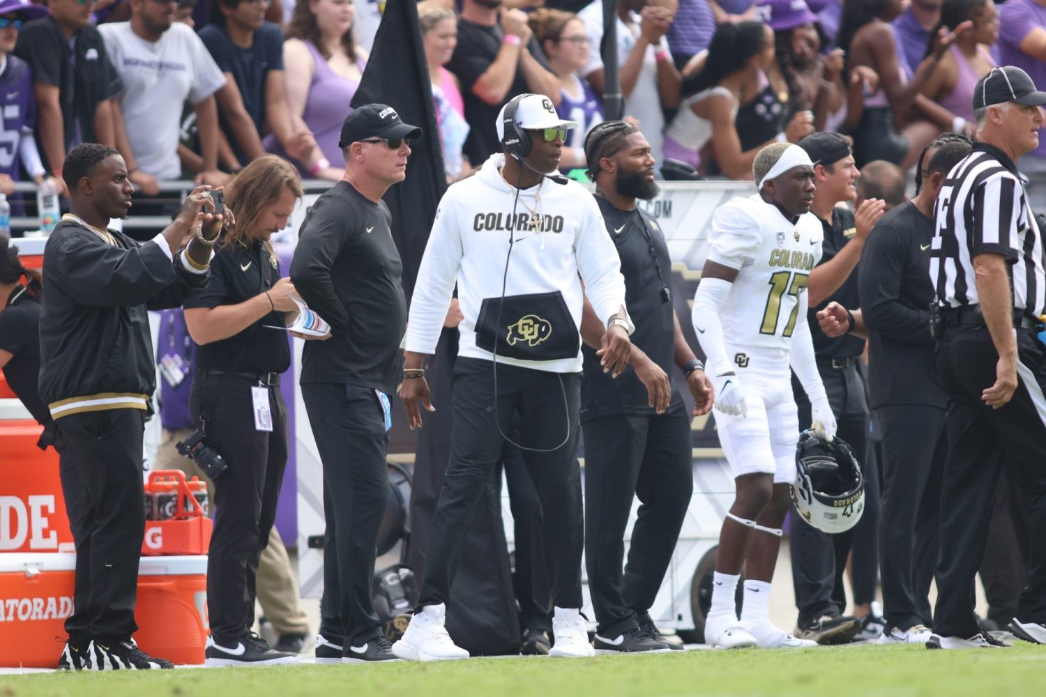 Colorado Buffaloes head coach Deion Sanders on the sidelines during the game against the TCU Horned Frogs at Amon G. Carter Stadium.