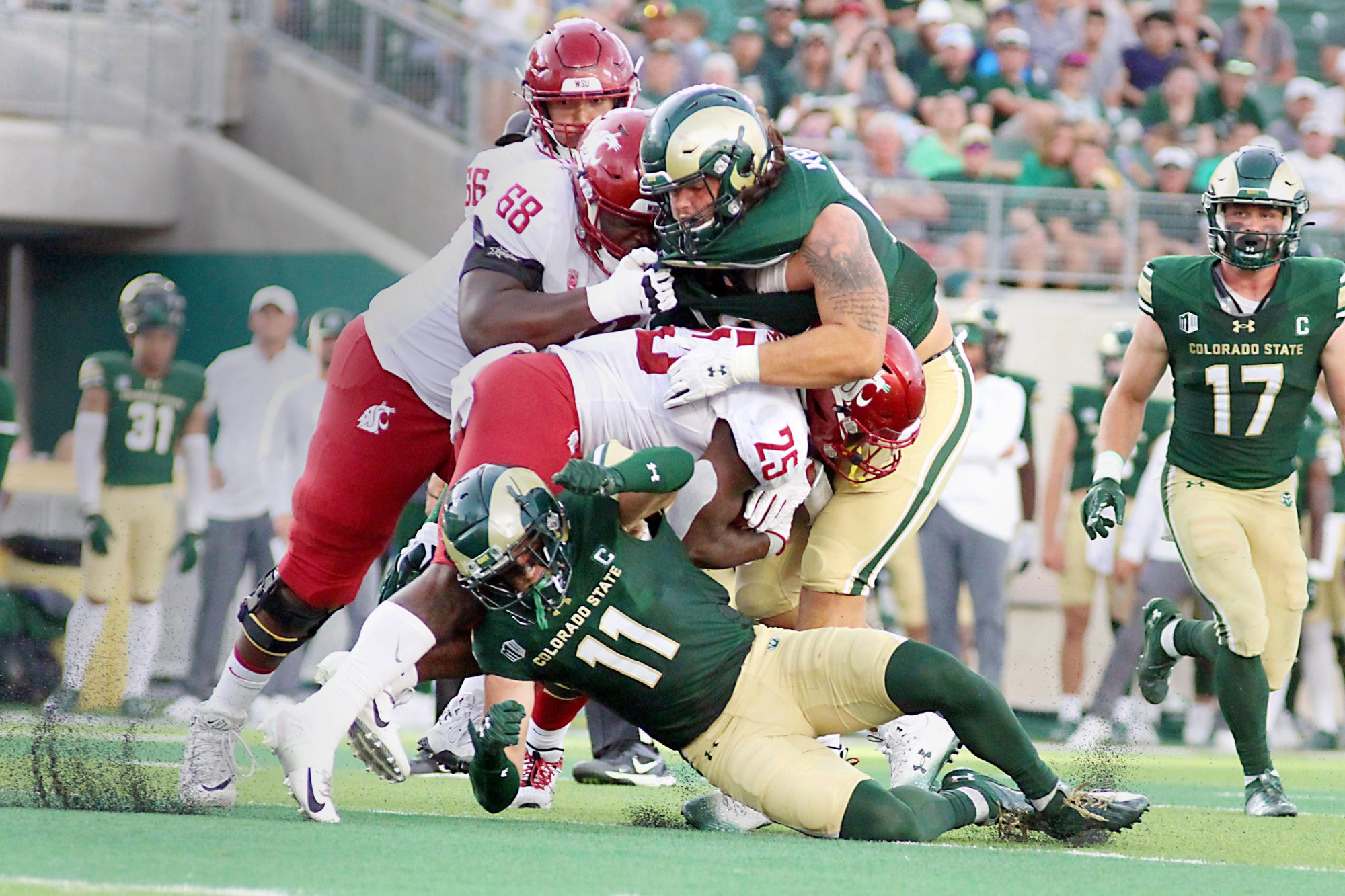 Colorado State’s defense blows up Washington State running back Nakia Watson during the first quarter of the Rams’ first game of the season Saturday, Sept. 2, 2023. The Rams were defeated 50-24.