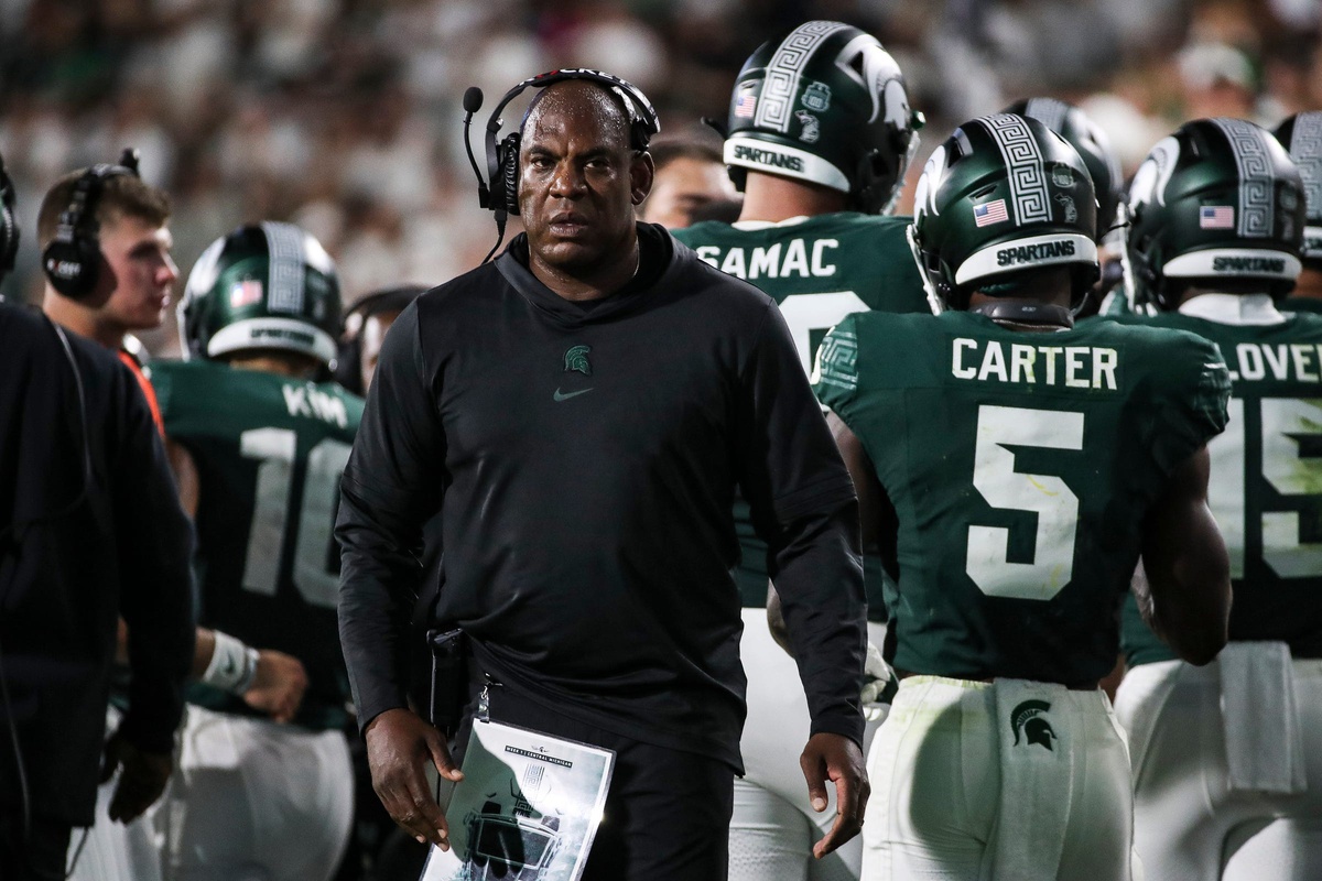Michigan State coach Mel Tucker looks on after a touchdown against Central Michigan during the second half at Spartan Stadium in East Lansing.
