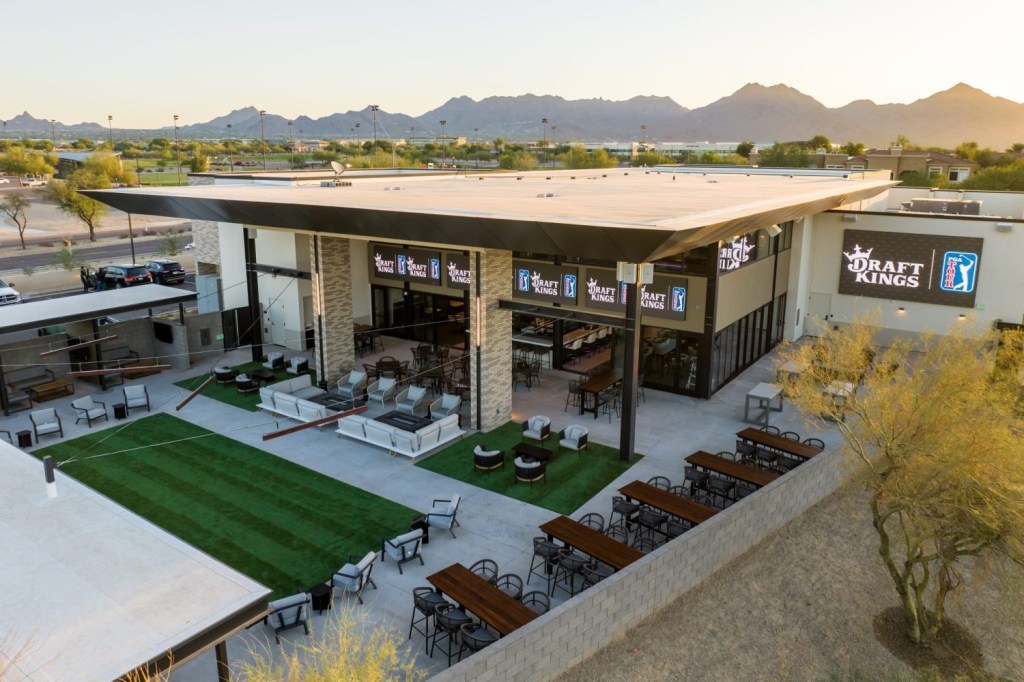 A view of the exterior of the DraftKings Sportsbook at TPC Scottsdale in the morning.