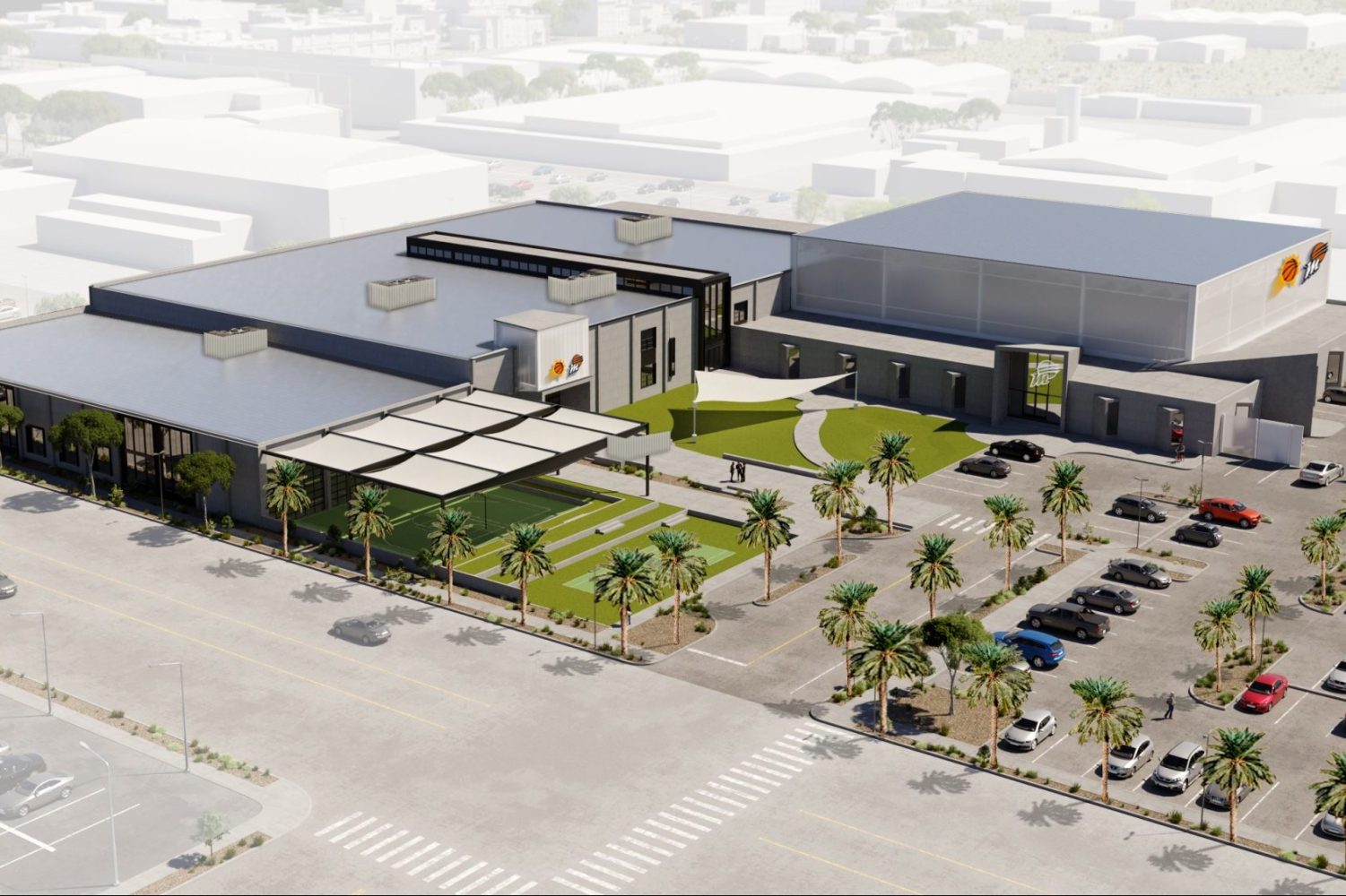 A rendering of the Phoenix Suns and Mercury's new shared business headquarters and Mercury practice facility.