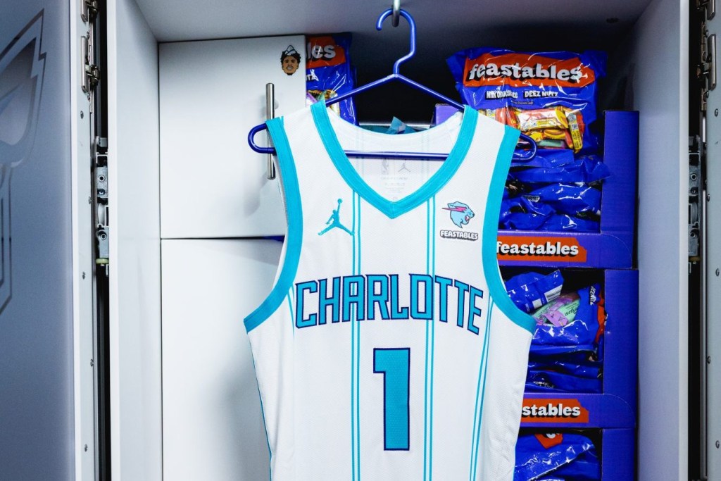 A view of the Charlotte Hornets jersey with new jersey patch sponsor Feastables.