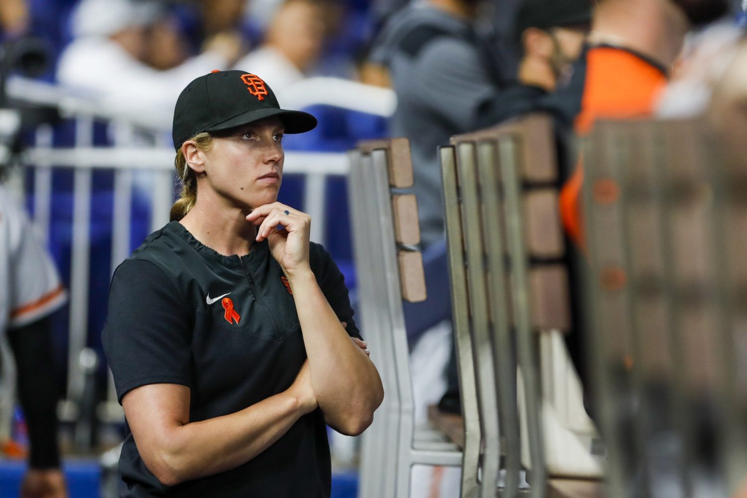 San Francisco Giants assistant coach Alyssa Nakken (92) watches from the dugout prior to the game against the Miami Marlins at loanDepot Park.