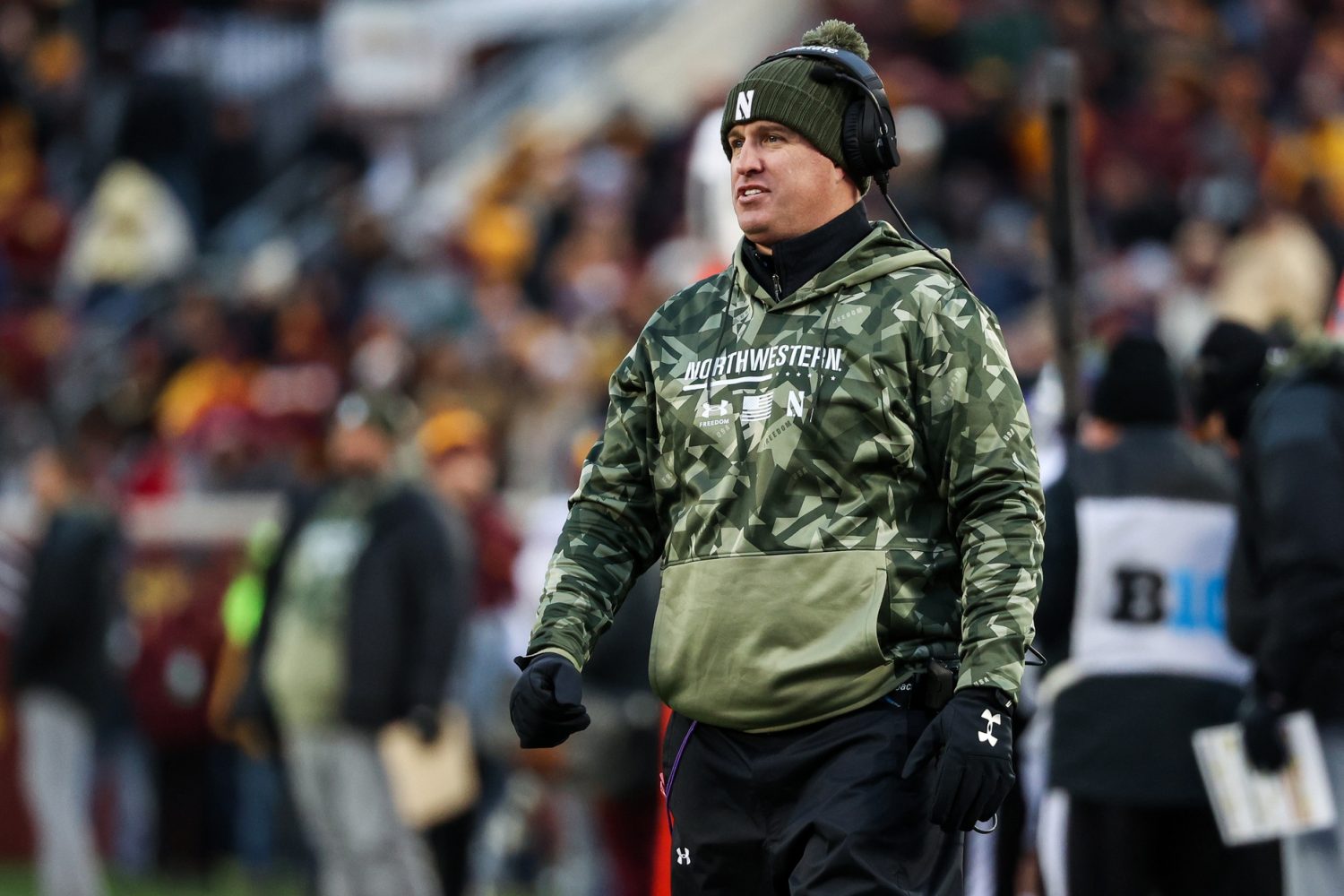 Northwestern Wildcats head coach Pat Fitzgerald looks on during the second quarter against the Minnesota Golden Gophers at Huntington Bank Stadium.