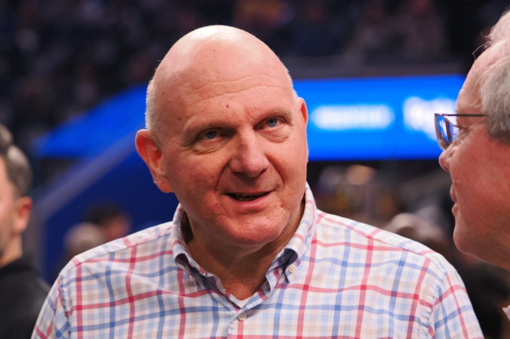 Los Angeles Clippers owner Steve Ballmer stands court side before the game against the Golden State Warriors Chase Center.