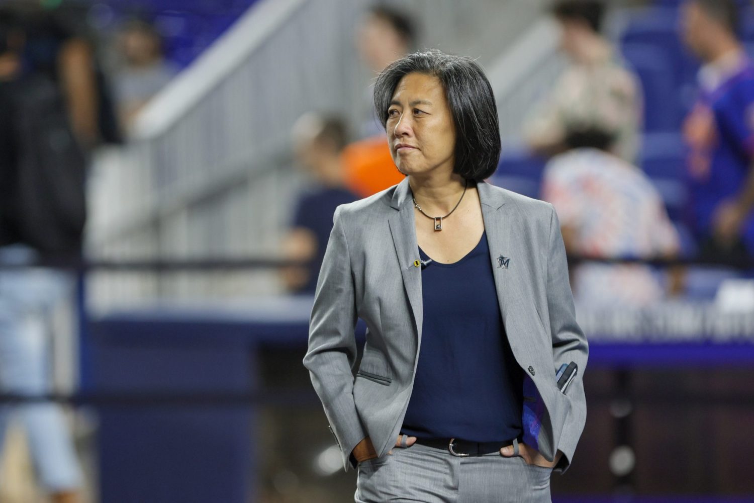 Miami Marlins general manager Kim Ng looks on from the field prior to the game against the New York Mets at loanDepot Park.