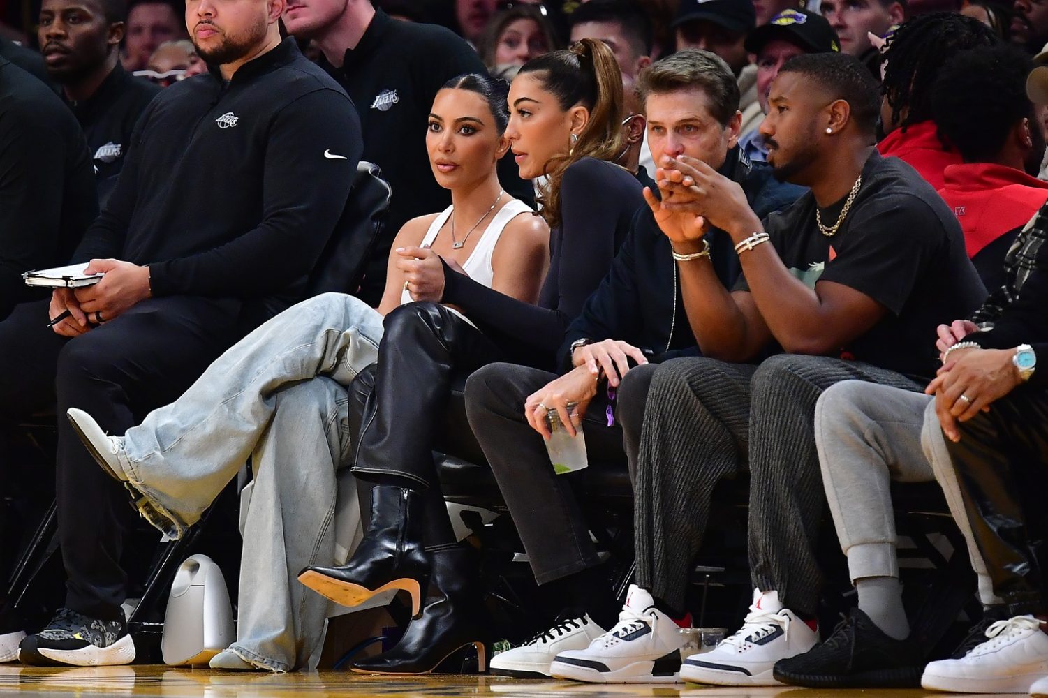 Media personality and sociallite Kim Kardashian in attendance as the Los Angeles Lakers play against the Golden State Warriors during the first half in game three of the 2023 NBA playoffs at Crypto.com Arena.