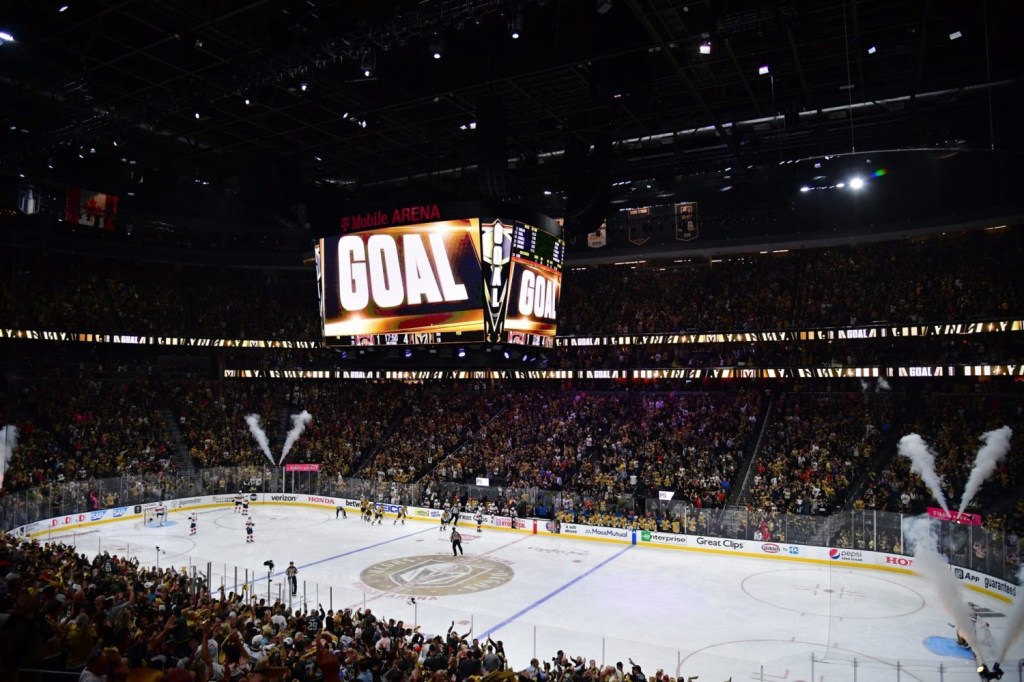 General view of the arena after a Vegas Golden Knights goal in the third period of the game between the Florida Panthers and the Vegas Golden Knights in game two of the 2023 Stanley Cup Final at T-Mobile Arena.