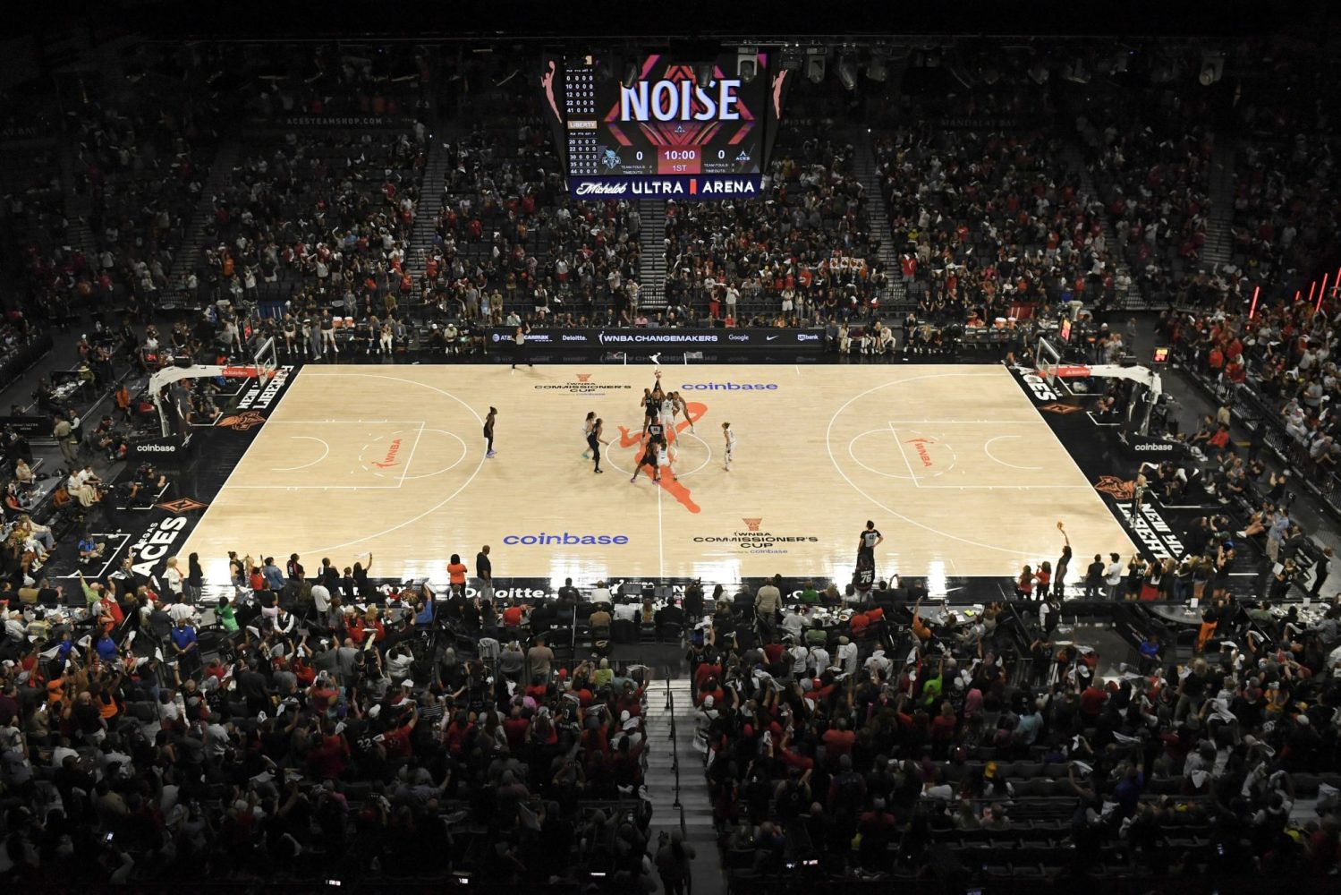 The Las Vegas Aces and New York Liberty tip-off at Michelob Ultra Arena during the 2023 Commissioner's Cup Final.