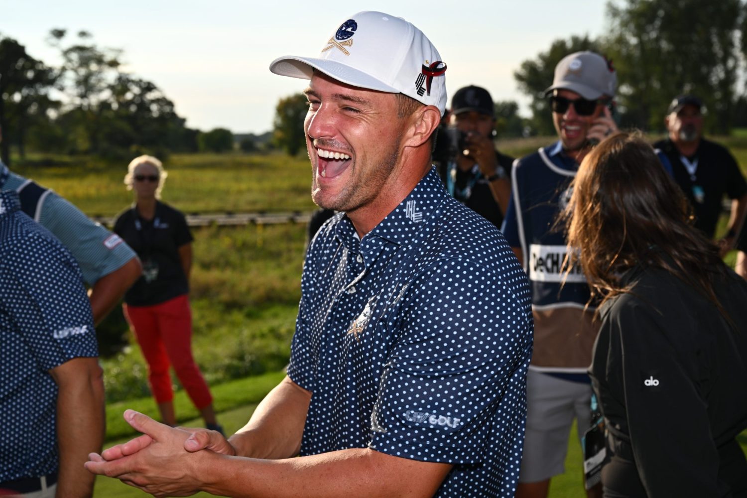 Bryson DeChambeau celebrates after winning the LIV Golf Chicago golf tournament at Rich Harvest Farms.