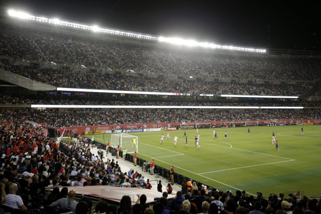 A general view of play during the first half between the Chicago Fire and the Inter Miami CF at Soldier Field.