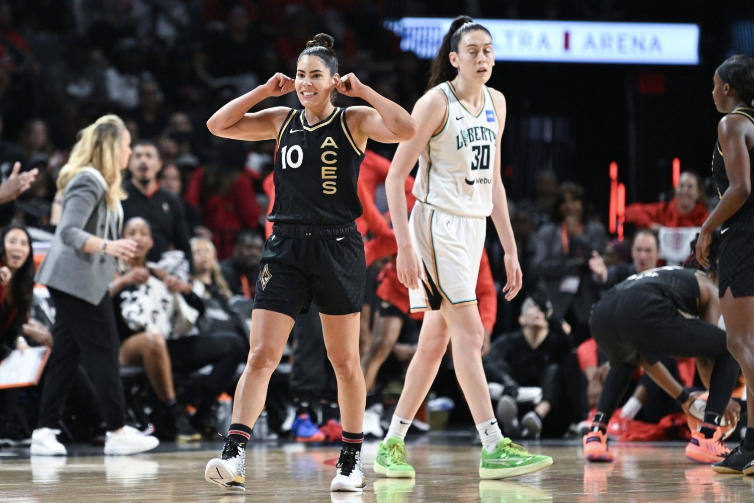 Las Vegas Aces guard Kelsey Plum reacts to a play against the New York Liberty in the second half during game two of the 2023 WNBA Finals at Michelob Ultra Arena.