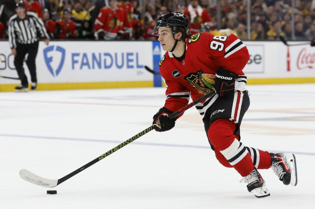 Chicago Blackhawks center Connor Bedard skates with the puck during the third period against the Boston Bruins at TD Garden.