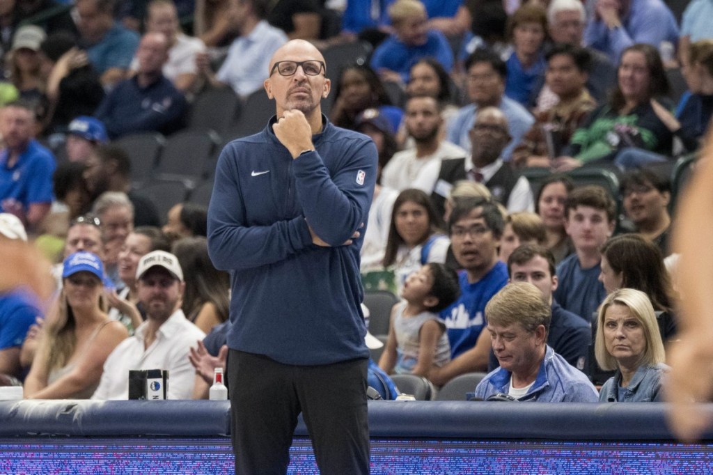 Dallas Mavericks head coach Jason Kidd watches the game against the Detroit Pistons during the second half at the American Airlines Center.