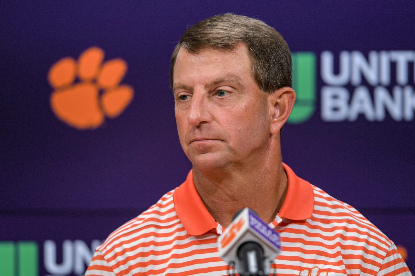 Clemson head coach Dabo Swinney speaks in the Smart Family Media Center of the Poe Indoor Facility in Clemson, South Carolina.