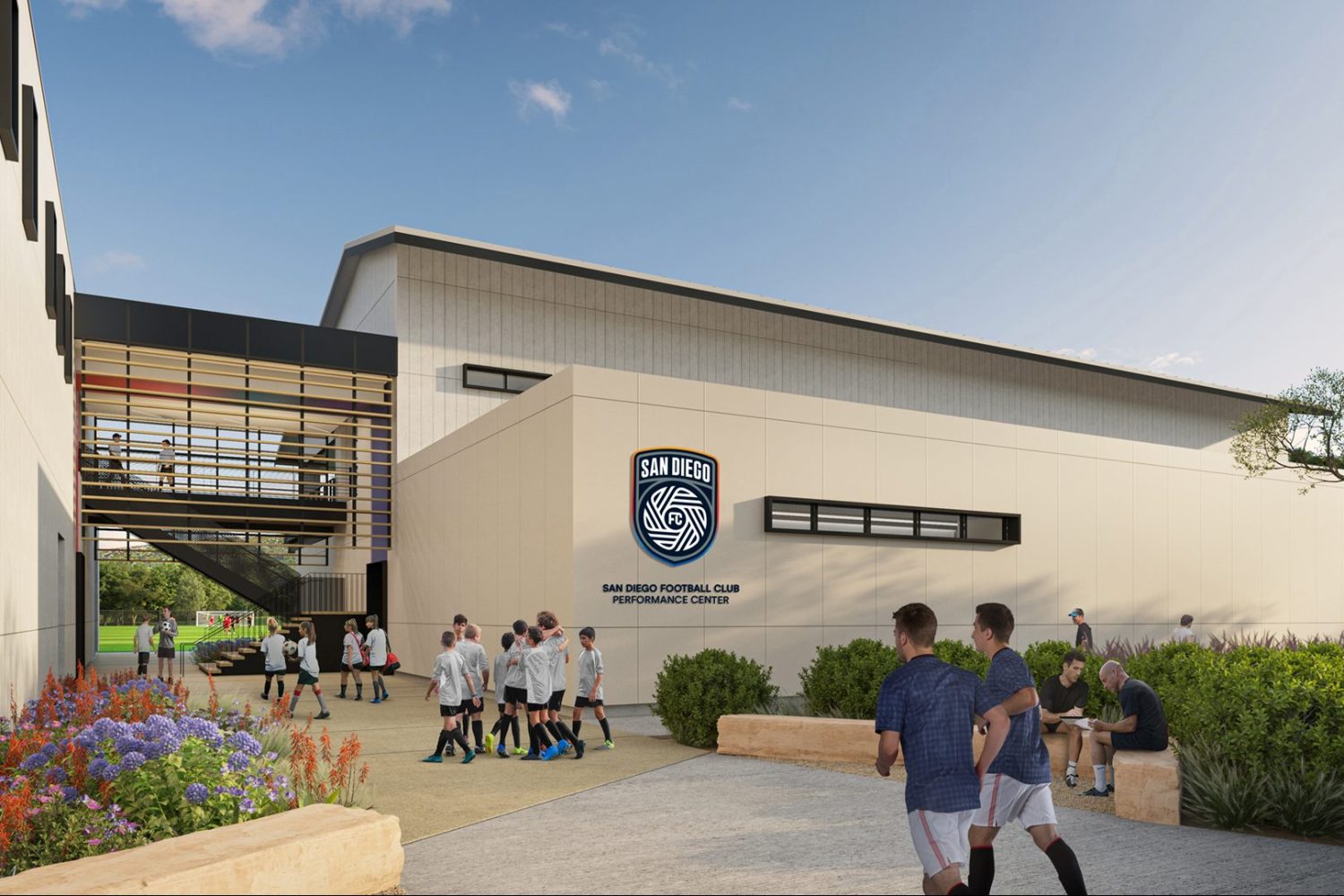 A rendering of the front of San Diego FC's proposed training center and youth academy.