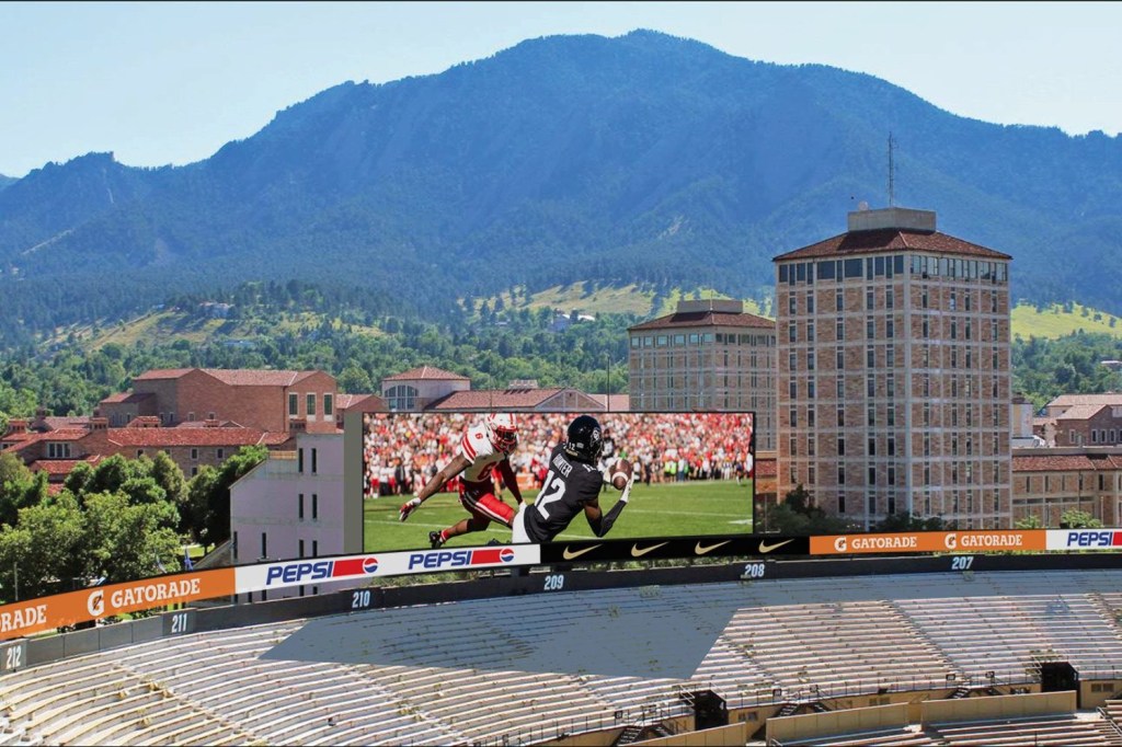 A rendering of the University of Colorado Boulder's new proposed video board for Folsom Field.