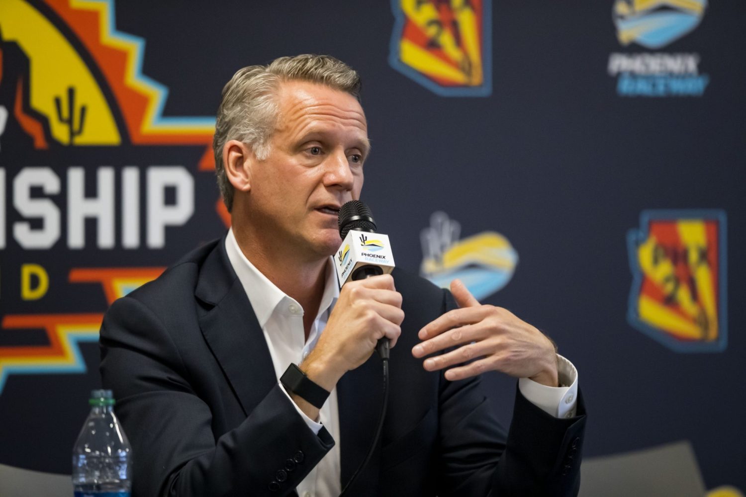 NASCAR president Steve Phelps speaks to the media prior to practice for the Cup Series Championship race at Phoenix Raceway.