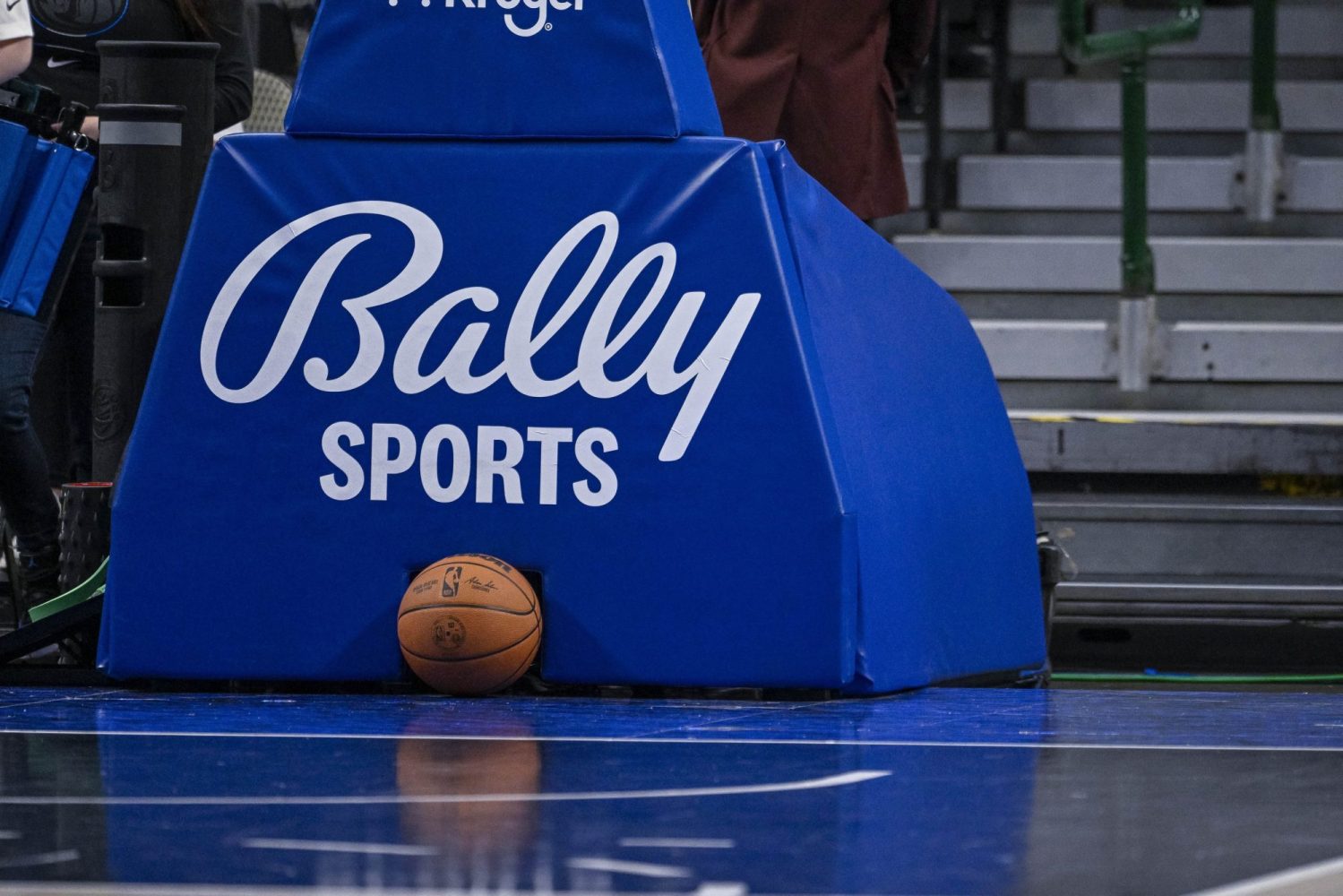 A view of a game ball and the Bally Sports logo on the stanchion post before the game between the Dallas Mavericks and the Orlando Magic at the American Airlines Center.