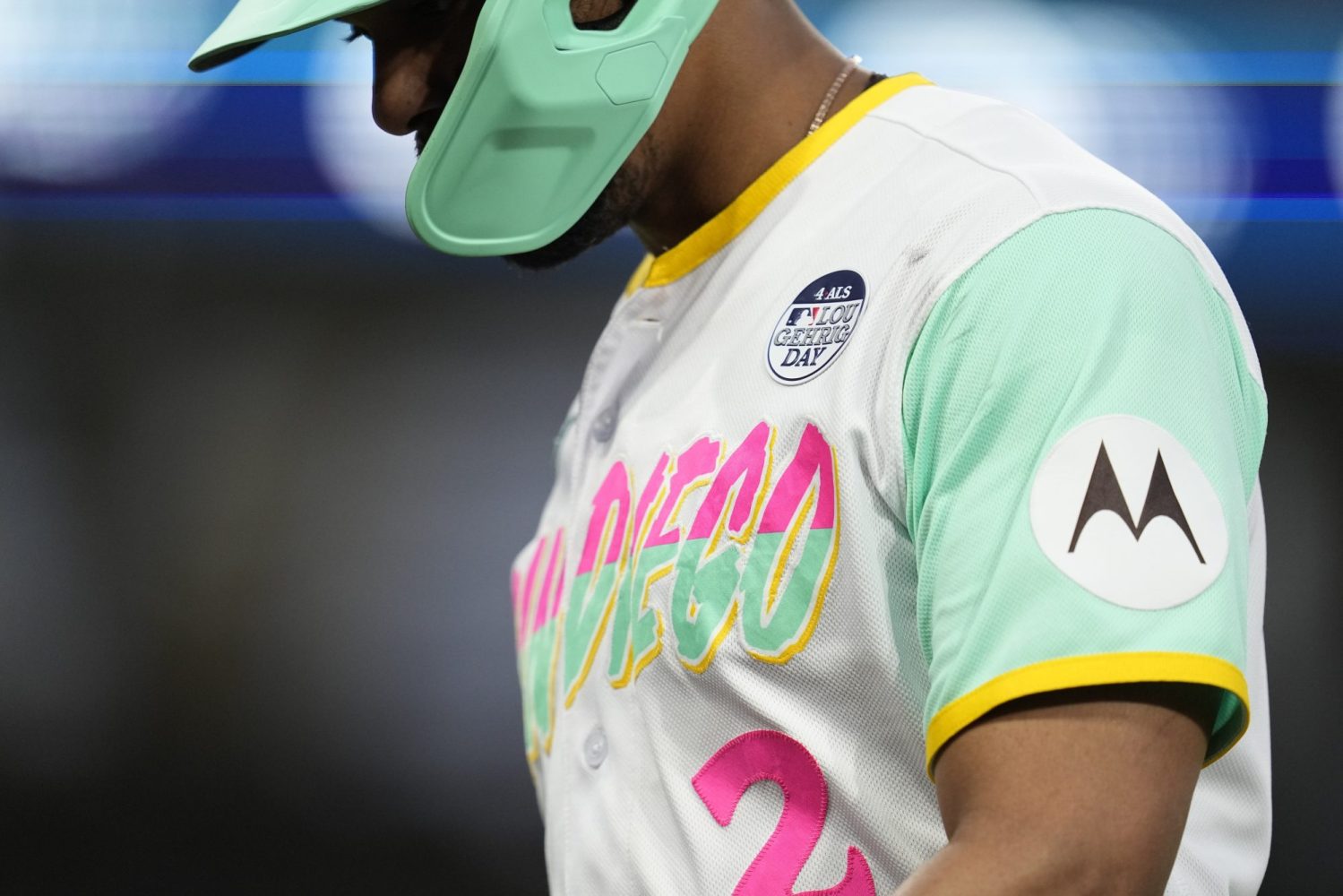 San Diego Padres shortstop Xander Bogaerts wears the ALS Lou Gehrig Day and Motorola patches during a game against the Chicago Cubs at Petco Park.