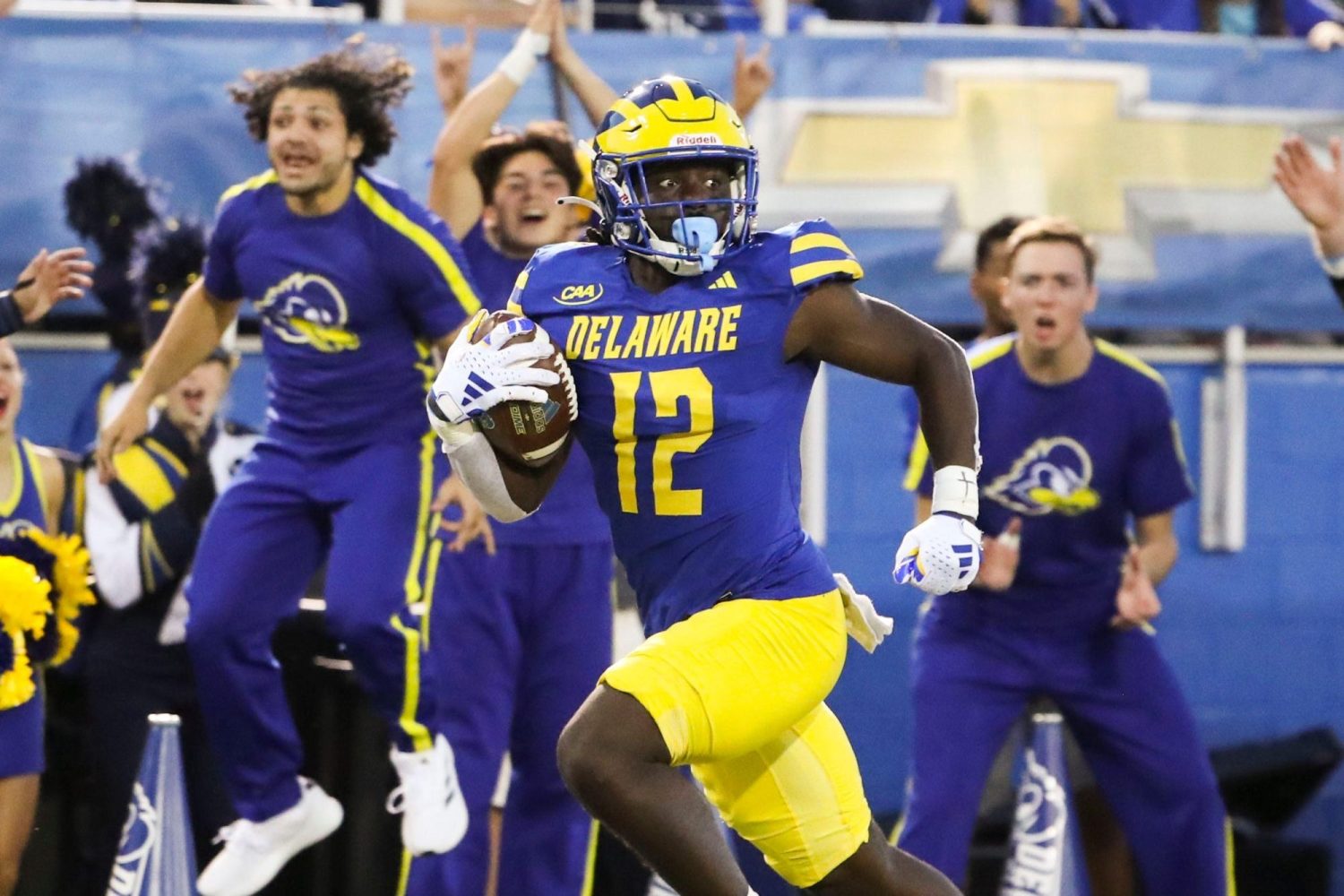 Delaware receiver Kym Wimberly leaves St. Francis defenders behind as he turns a reception into a touchdown in the final minute of the first half at Delaware Stadium, Saturday Sept. 16, 2023.