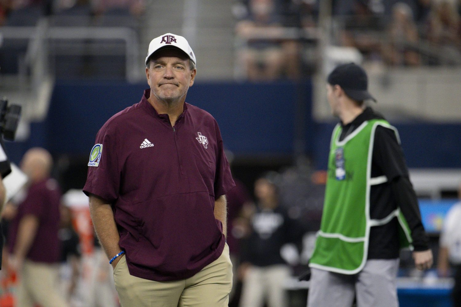 Texas A&M Aggies head coach Jimbo Fisher before the game between the Texas A&M Aggies and the Arkansas Razorbacks at AT&T Stadium.