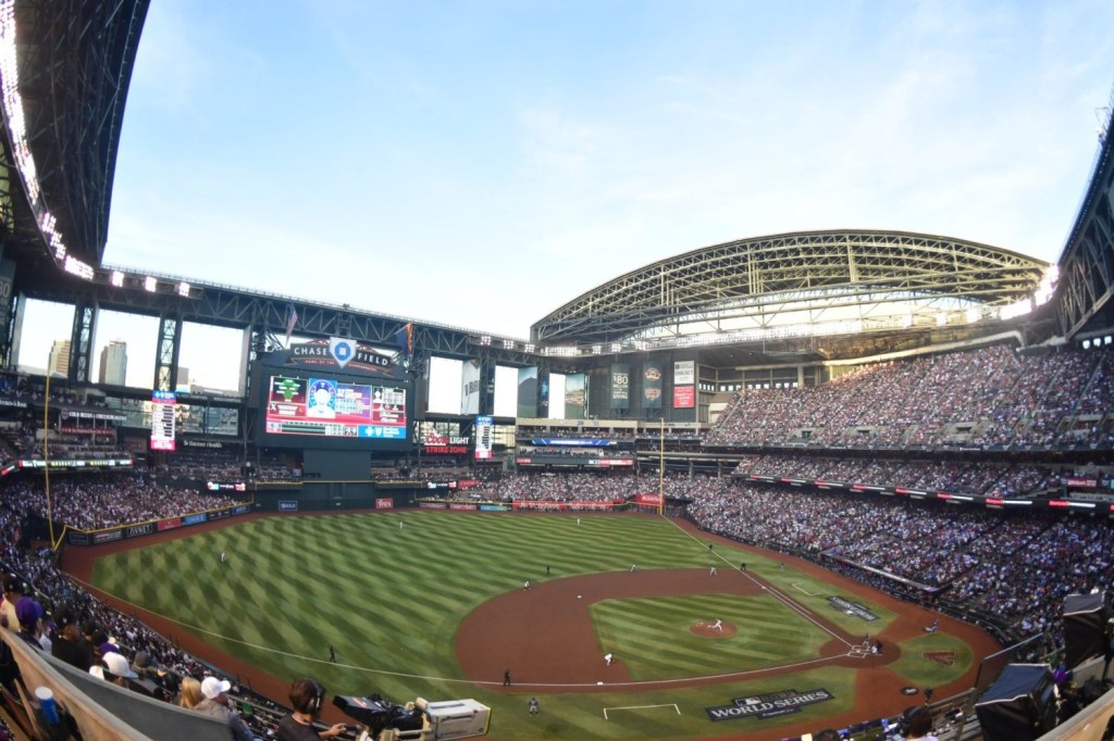 General view of the stadium in the first inning of the game between the Arizona Diamondbacks and the Texas Rangers in game five of the 2023 World Series at Chase Field.