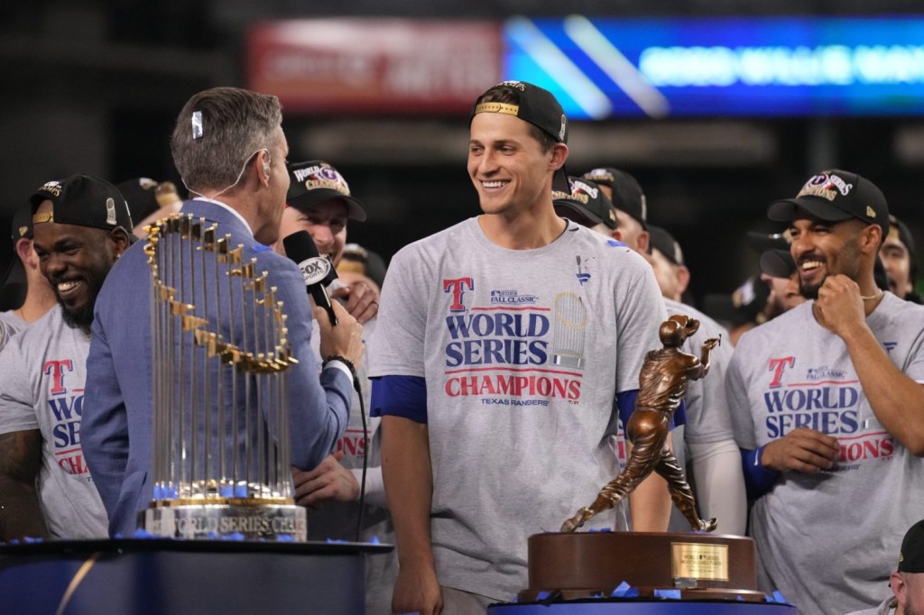 Texas Rangers shortstop Corey Seager is named the MVP after defeating the Arizona Diamondbacks in Game Five of the 2023 World Series at Chase Field.