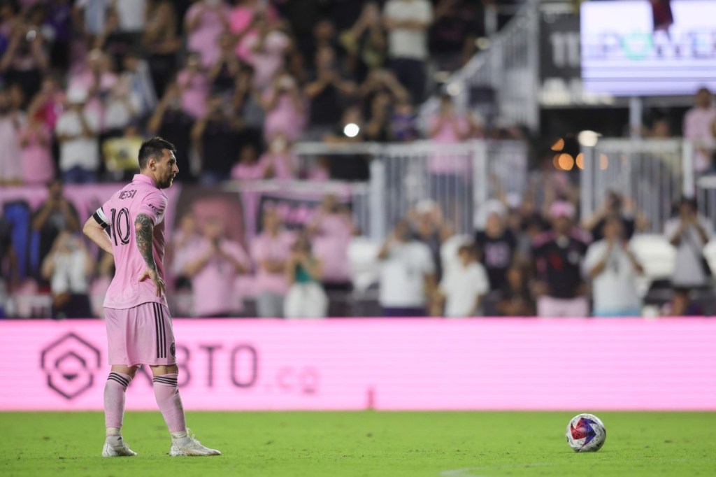 Inter Miami CF forward Lionel Messi looks on before taking a free-kick against New York City during the second half at DRV PNK Stadium.