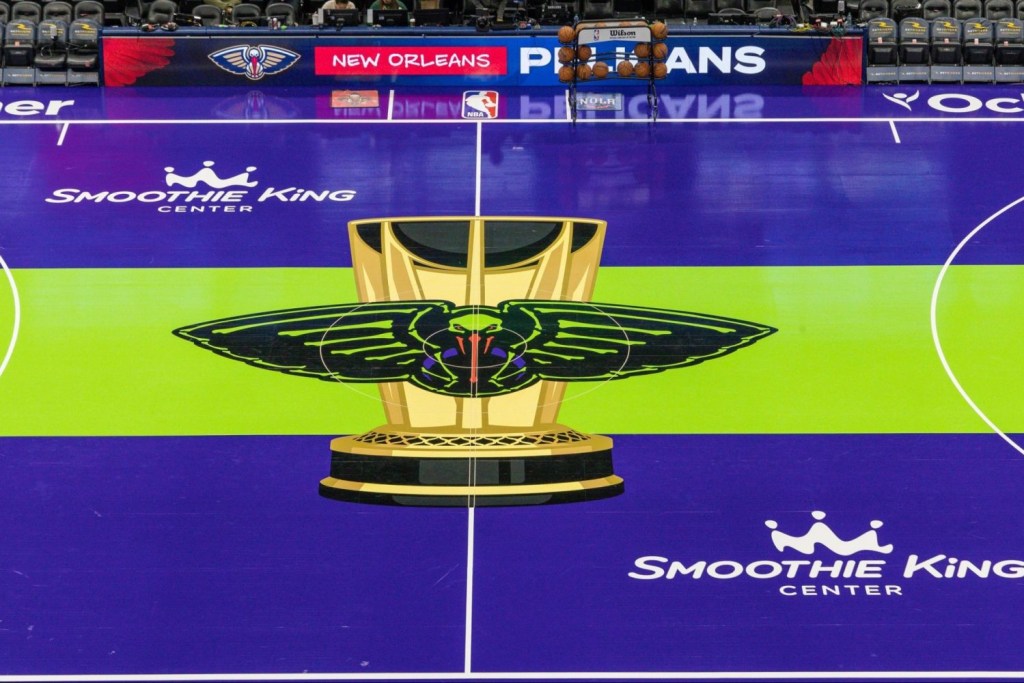 Detailed view of the new In-Season Tournament court before the game between the New Orleans Pelicans and the Dallas Mavericks at the Smoothie King Center.