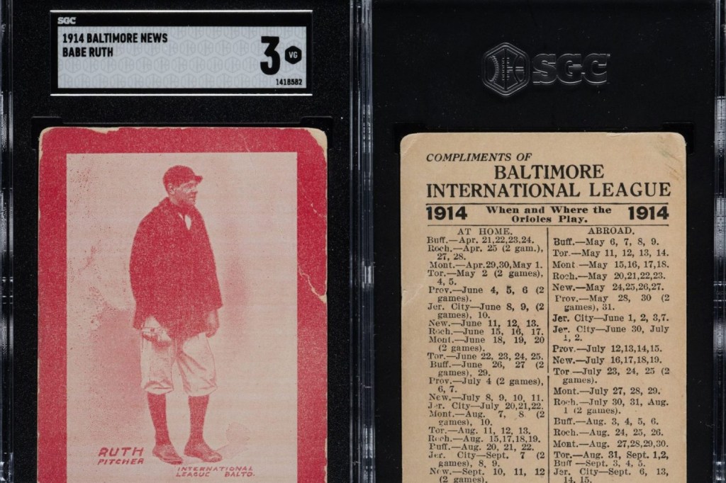 A view of a 1914 Baeb Ruth rookie card in a protective casing from the Sportscard Guaranty Company.