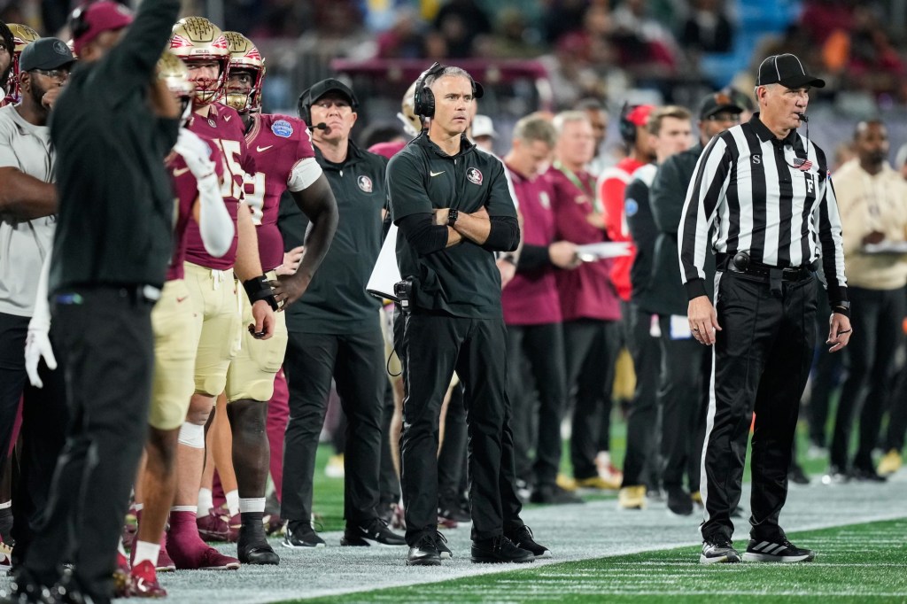 Dec 2, 2023; Charlotte, NC, USA; Florida State Seminoles head coach Mike Norvell stands on the sidelines during the second quarter against the Louisville Cardinals at Bank of America Stadium. Mandatory Credit: