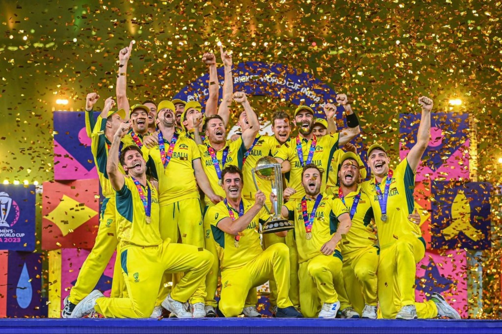 The Australia men's cricket team celebrating winning the 2023 ICC Men's Cricket World Cup.